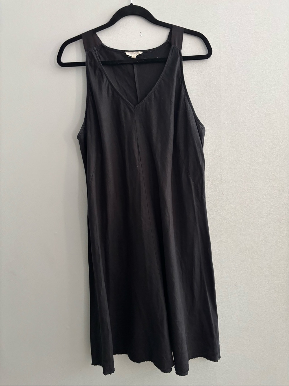Eileen Fisher 100% Linen Black V-Neck Midi Dress Size XL Bias Cut Minimalist